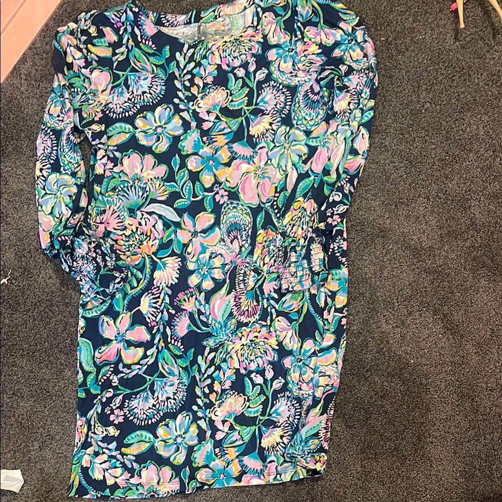 Navy Floral Long Sleeve Dress - Multicolor Print